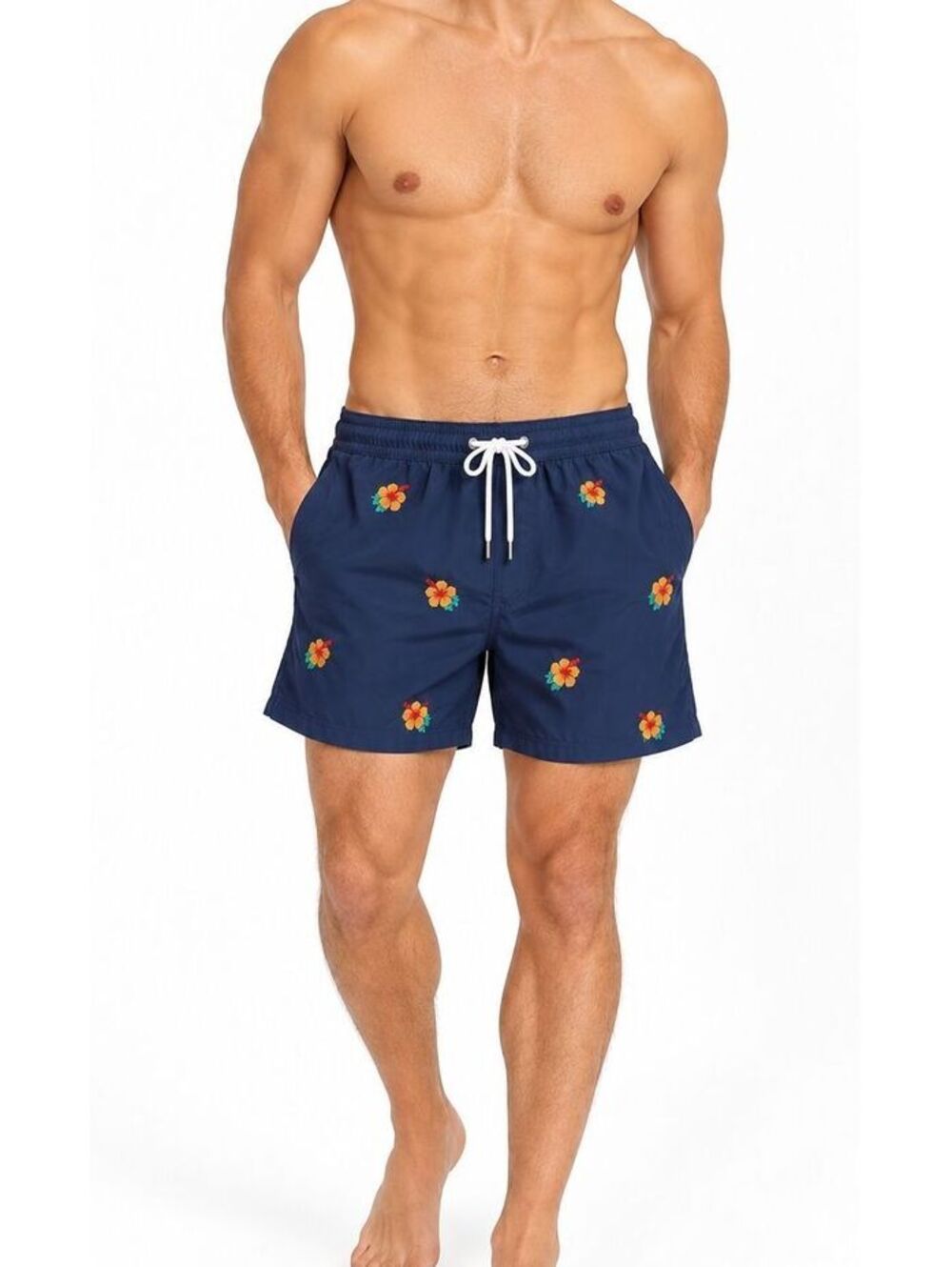 Brooks Brothers Mens XL Navy Hibiscus Swim Trunks Embroidered Tropical Preppy